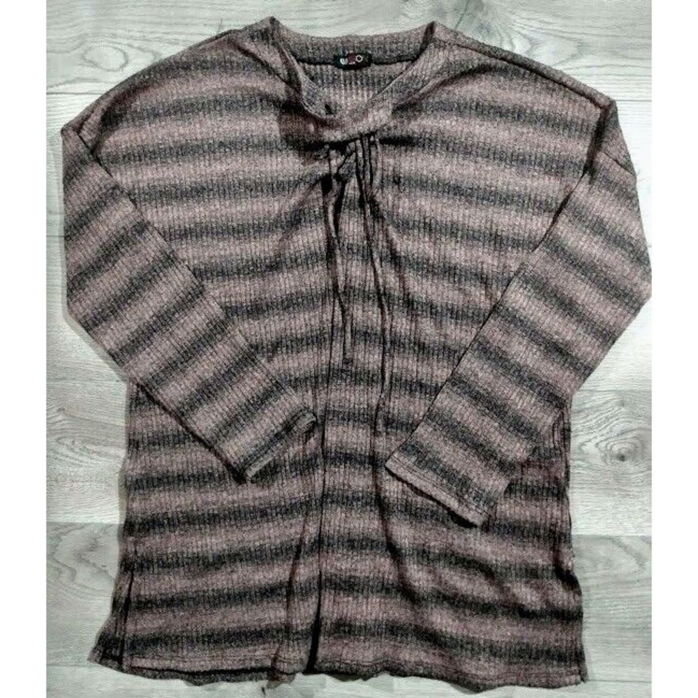 Vision Long Sleeve Striped Ribbed Sweater Womens 2XL Ruched Tie-Neck Pullover
